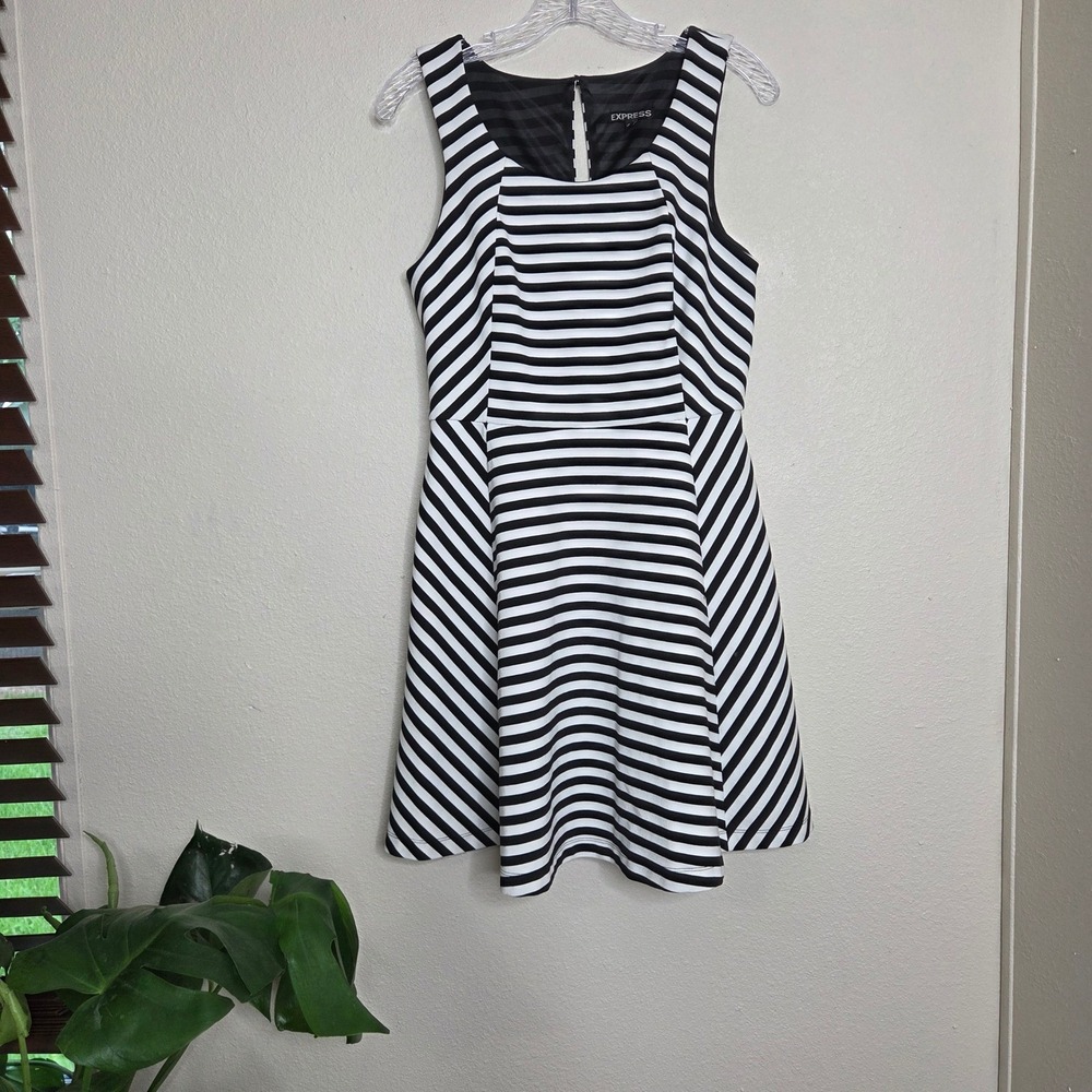 Express Fit & Flare Dress Striped Sleeveless Party Black White Medium